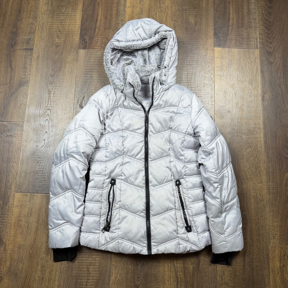 Nautica Womens Small Silver Puffer Jacket Faux Fur Lined Detachable Hood Winter
